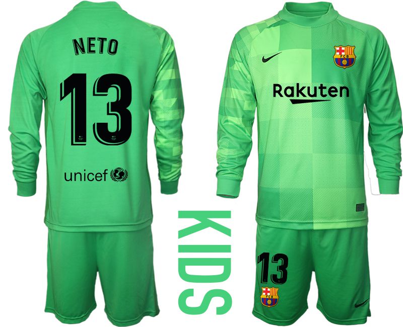 Youth 2021-2022 Club Barcelona green goalkeeper long sleeve #13 Soccer Jersey->youth soccer jersey->Youth Jersey